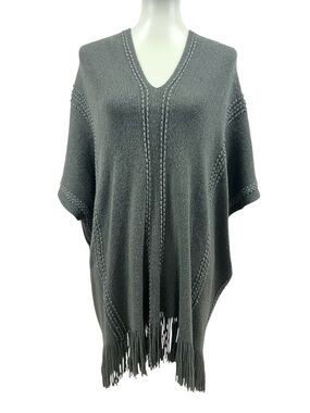 Charlie Paige Boho Fringe Metallic Striped Pullover Poncho Cape Sweater